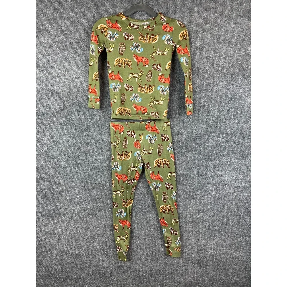 Cat & Jack Pajama Set Kids Size 4 Green Woodland Animal Print Snug Fit